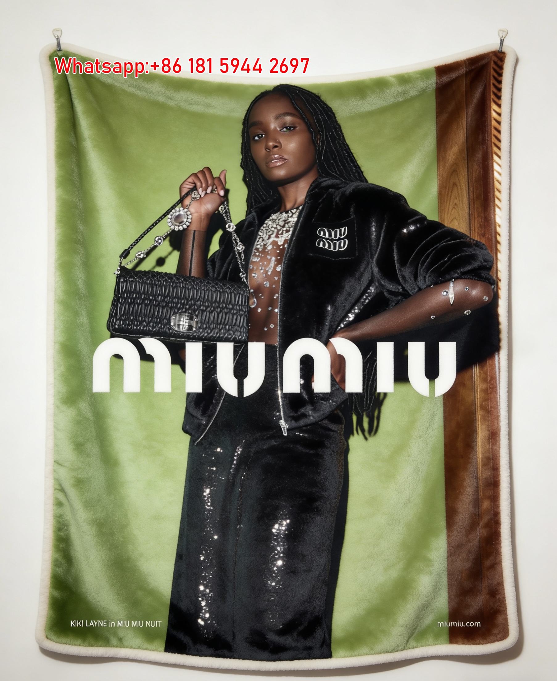 Miu Miu Grass Green Flannel Throw Blanket with Black Sequin Fashion Print IMG_0417